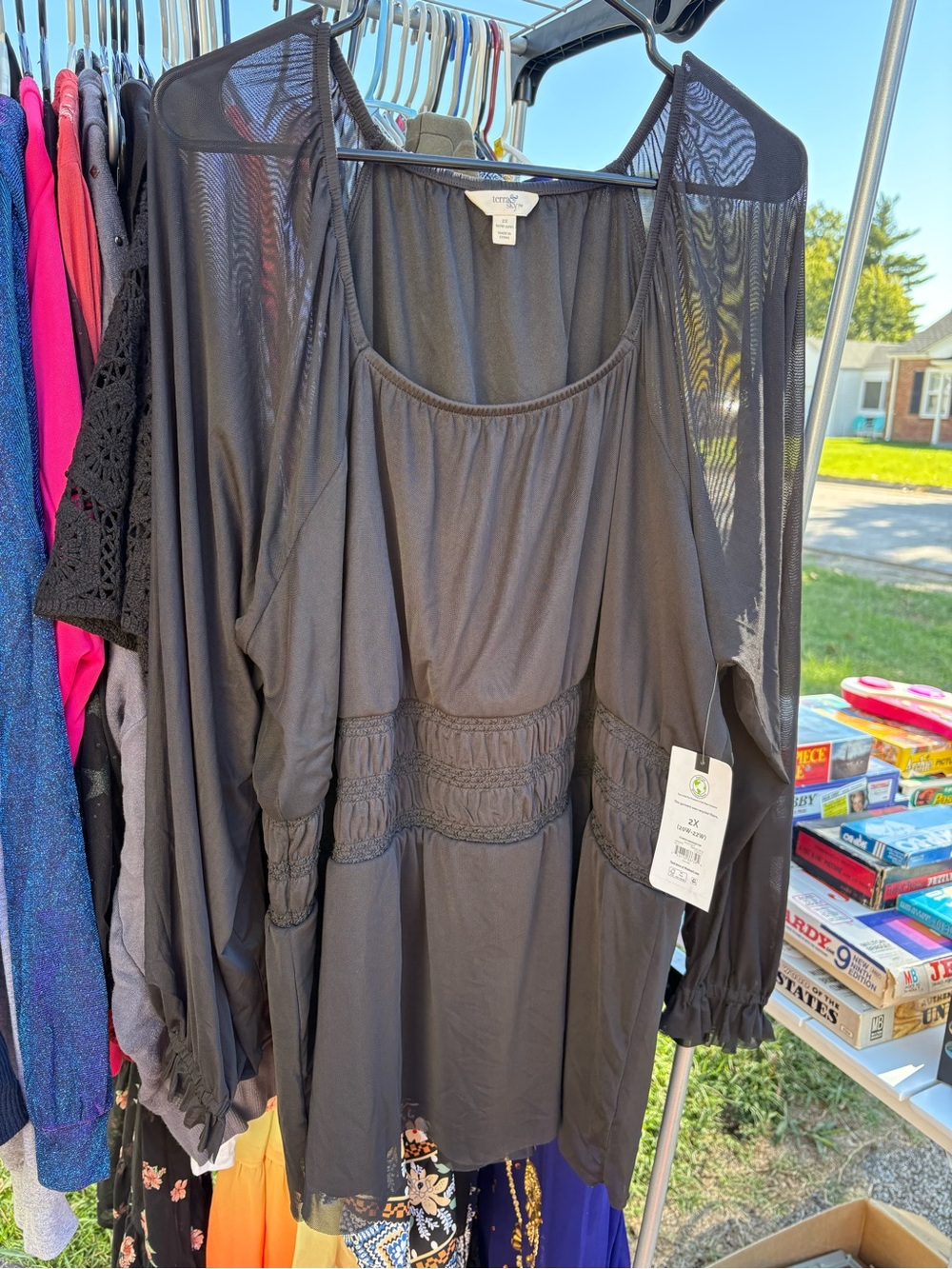 Black Womens Smocked Waist Shirt with Sheer Sleeve